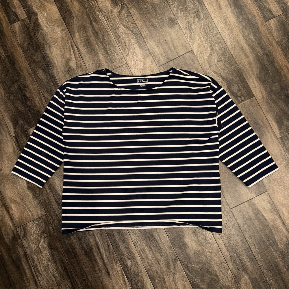 LL Bean Classic Striped Boatneck 3/4 Sleeve Top Womens XL Navy Blue & White